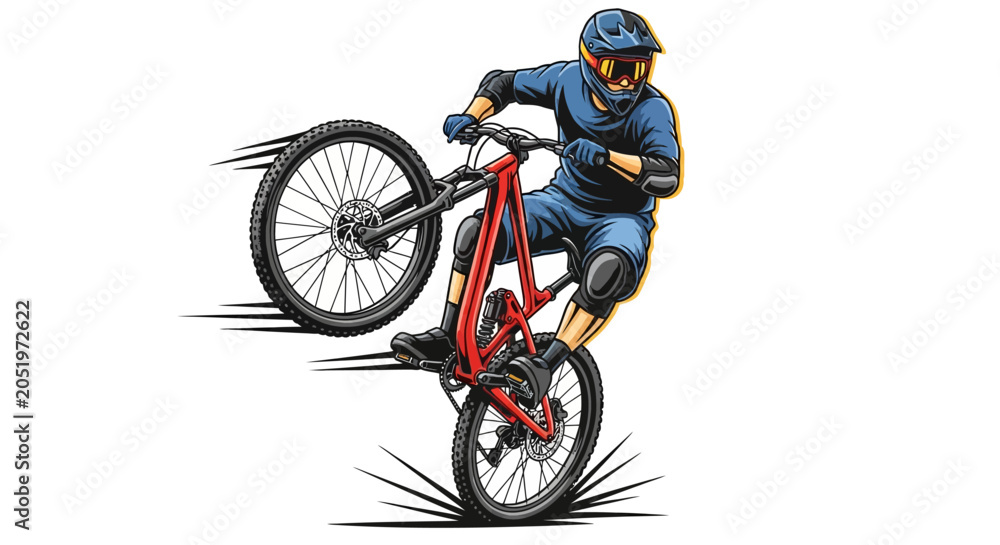 Obraz premium Dynamic Mountain Biker on Red Dirt Bike Performing a Trick in Extreme Sport Illustration on Isolated White Background