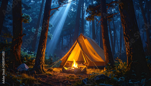Magical Forest Camping Tent Illuminated by Campfire and Moonlight Beams.