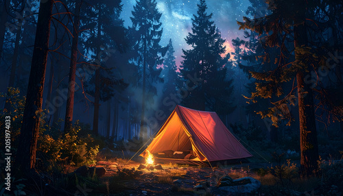 Illuminated Tent and Campfire in a Mystical Forest at Night.