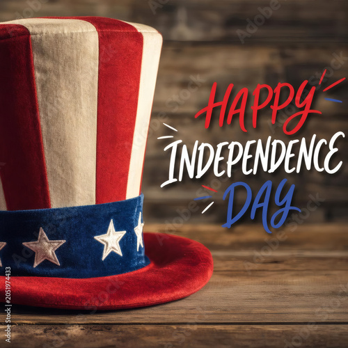 patriotic top hat with stars and stripes happy independence day cursive text overlay rustic wooden surface warm inviting photography shallow depth of field blurred background 4k american pride celebra
