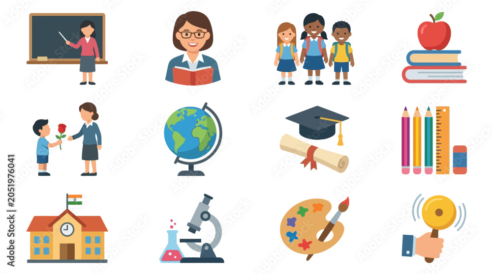 Fototapeta premium Classroom scene with teachers, students, and learning tools