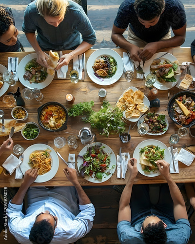 Overhead View of Restaurant Tables with Diverse Diners