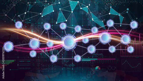 Abstract AI innovation background, interconnected digital nodes, futuristic technology grid, glowing cyber network, artificial intelligence ecosystem, data analytics concept,