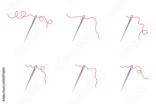 Photography Minimalist needle set with flowing thread in curvy red and black line vector
