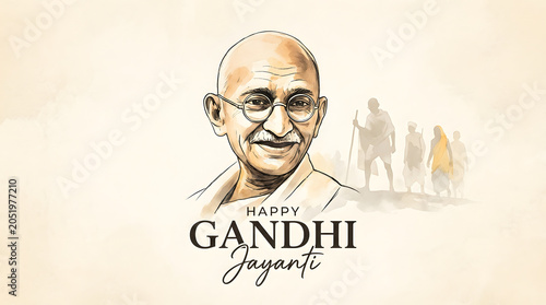 Happy Gandhi Jayanti Greeting with Mahatma Gandhi Portrait and Minimal Heritage Illustration
