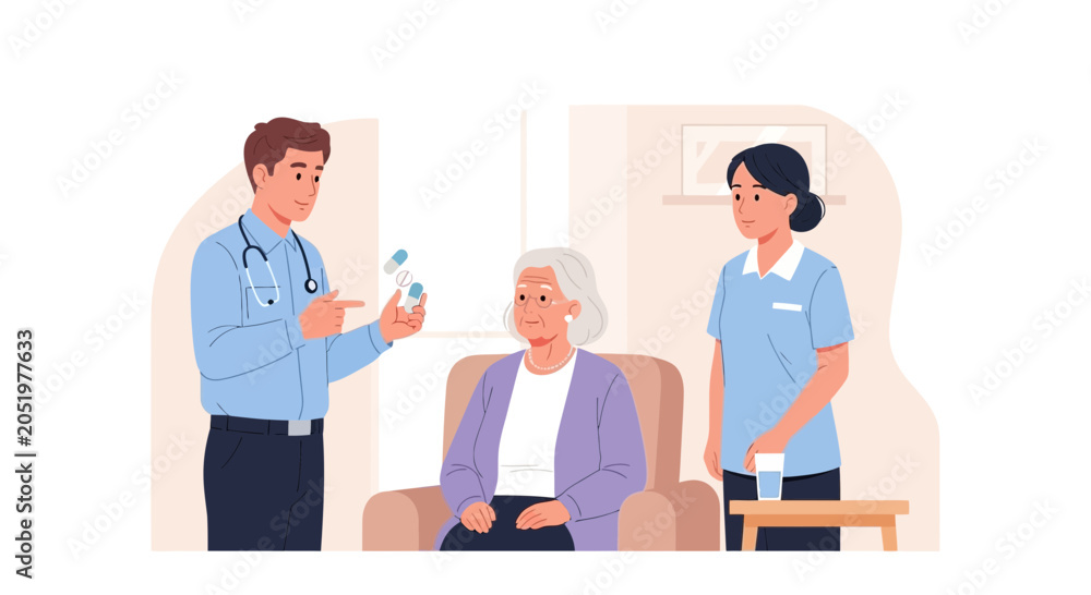Obraz premium Doctor and Nurse Consult Elderly Patient Regarding Medication in Clinic