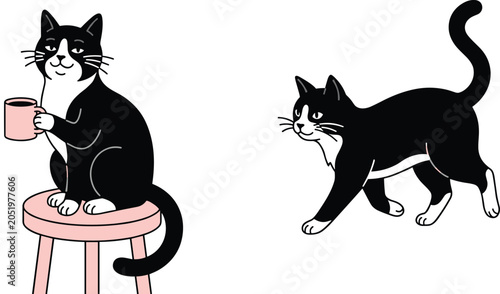 Cute Tuxedo Cat Collection with Coffee Mug, Sitting Cat, Walking Cat, Cozy Pet Lifestyle, and Cartoon Feline Illustrations