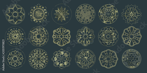 Quadro su tela Set Of Twelve Geometric Mandala Designs Vector Illustration With Teal Gray Backg