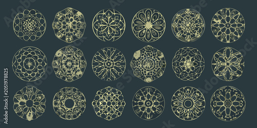 Set Of Twelve Geometric Mandala Designs Pale Green Vector Illustration On Dark Teal Background mandalas