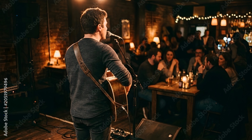 Obraz premium Friendship day live music event with acoustic guitarist performing for friends at a cozy bar