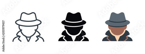 Foto Anonymous agent icon featuring silhouette person with coat and hat, representing mystery identity, incognito mode, and confidential detective concept in clean vector illustration style