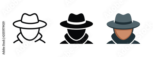 Tableau sur toile Anonymous agent icon featuring silhouette person with coat and hat, representing mystery identity, incognito mode, and confidential detective concept in clean vector illustration style