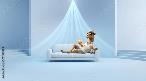 Woman Relaxing Under Cooling Airflow in Minimal Blue Living Room Illustration