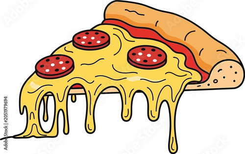Melting cheese pizza slice with pepperoni toppings isolated on transparent background