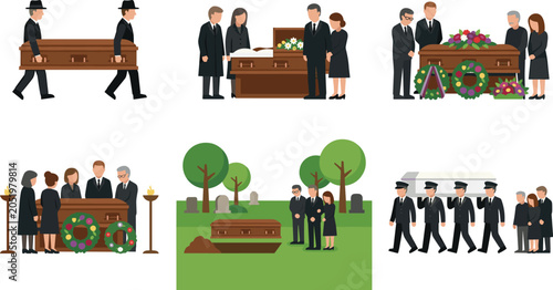 Photos Funeral and burial service vector illustration set featuring mournful people pal