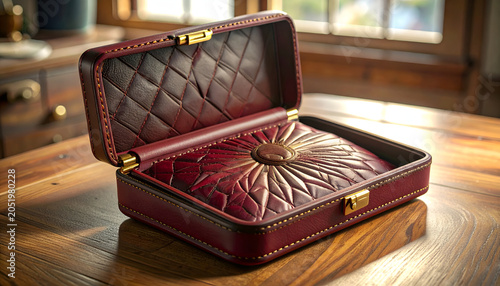 Luxurious Burgundy Leather Jewelry Box with Quilted Interior and Golden Clasp.