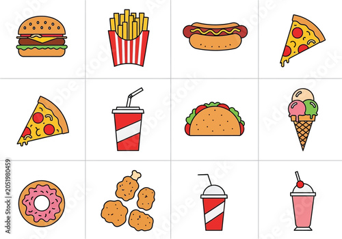 Colorful fast food icons set with drinks and snacks isolated on transparent background