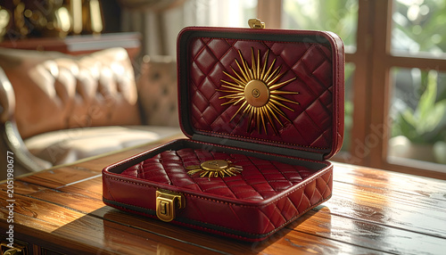Luxurious Red Velvet Jewelry Box with Golden Sun Emblem.