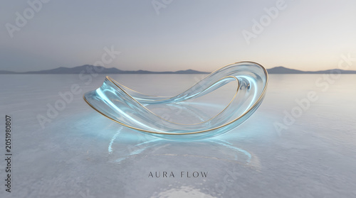 Elegant Glass Infinity Loop Abstract Sculpture on Minimal Serene Landscape