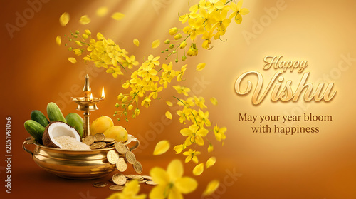 Happy Vishu Greeting with Traditional Kerala Festival Elements and Golden Flowers