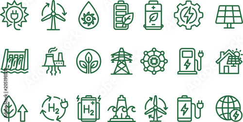 Bild auf Leinwand A collection of green vector line art icons representing sustainable energy and