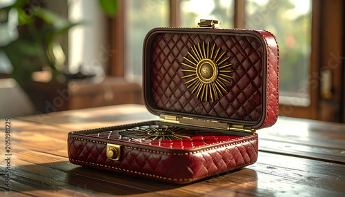 Elegant Quilted Leather Jewelry Box with Sunburst Emblem.