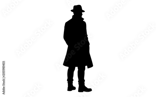 Silhouette of a man in a trench coat and fedora hat standing with hands in pockets against plain white background