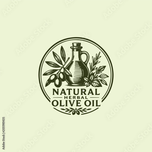 Natural herbal olive oil logo logo with engraving style vector illustration.