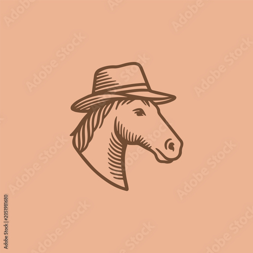 Horse wearing a hat logo logo with engraving style and medium line vector illustration.