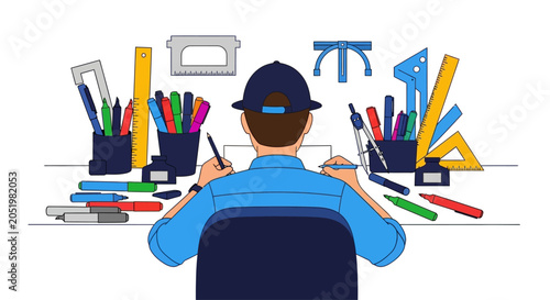 An architect or engineer working at a desk with drafting tools and supplies.