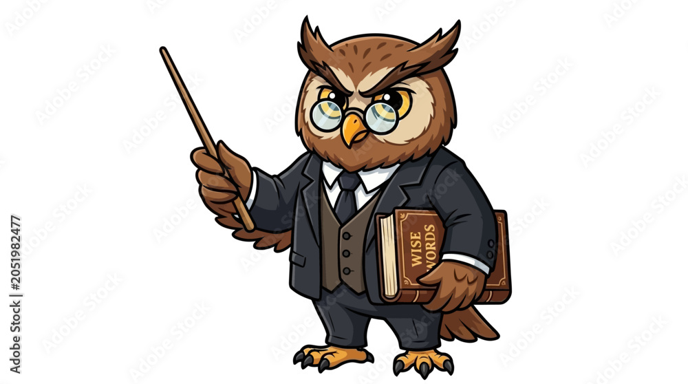 Obraz premium Charming Cartoon Owl Professor Character with Glasses, Book, and Pointer Representing Education and Wisdom