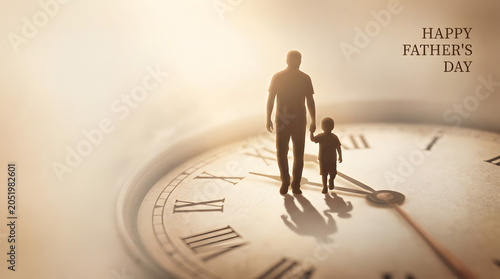 Happy Father’s Day: Silhouette of Father and Child Walking Across Vintage Clock