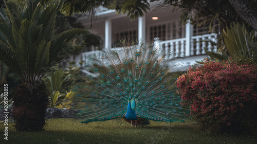 Peacock in the night at a luxury villa garden with palm trees and elegant architecture under a calm sky