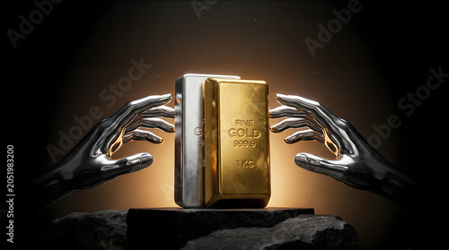 Futuristic Robotic Hands Presenting Gold Bullion on Dark Background