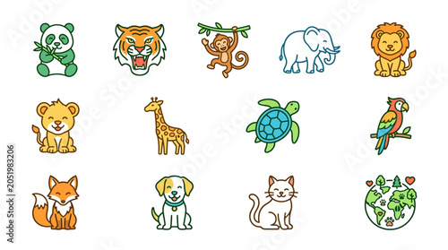 Photography Colorful cartoon animals in playful poses on white