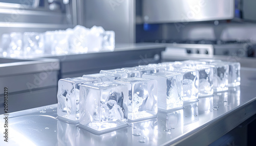 Clear Ice Cubes Lined Up on a Metal Surface in a Factory Setting.