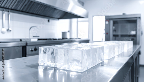 Large Ice Blocks on Stainless Steel Countertop in Commercial Kitchen.