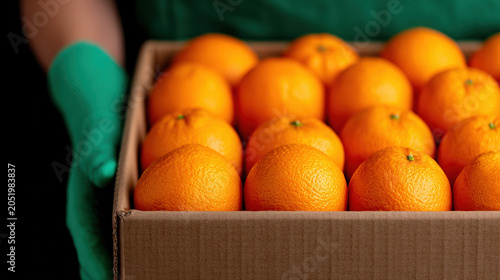 A hand carefully packing a box of oranges destined for delivery, conscientious and meticulous, macro photography