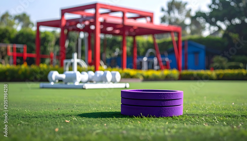 Purple Rings on Green Field with Red Structure Background.