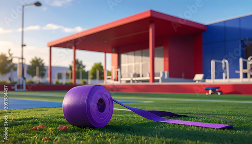Purple Roll of Material on Green Grass Field Outside Modern Building.