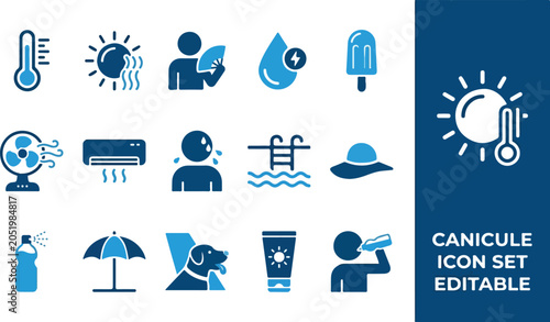 Tableau sur toile Heatwave and sun protection icon set for hot summer weather