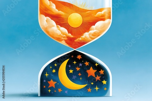Hourglass illustration showing day turning into night with sun, moon and stars in contrast