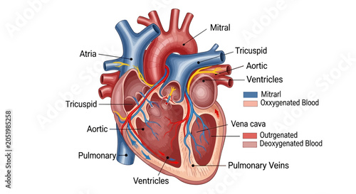 Tableau sur toile Anatomical Illustration of the Human Heart with Labels
