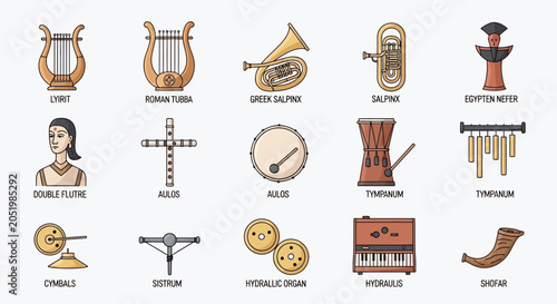 Fotografi Ancient Musical Instruments Collection: Lyre, Tuba, Sarrusophone, Trumpet, Flute