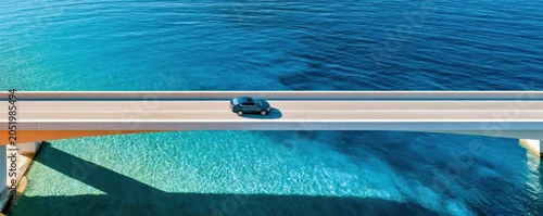 Panel kuchenny z motywem Aerial view of a solitary car crossing a coastal bridge over vivid blue ocean waters