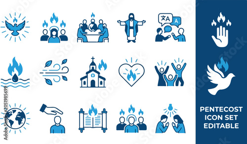 Fotografija Pentecost holiday and holy spirit religious icon set