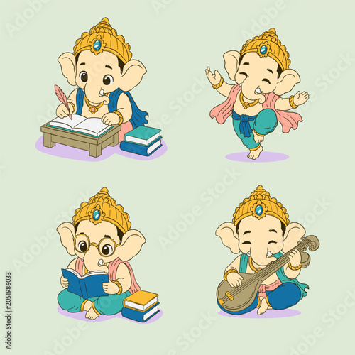 Cute Chibi Ganesha Learning and Arts Vector Collection