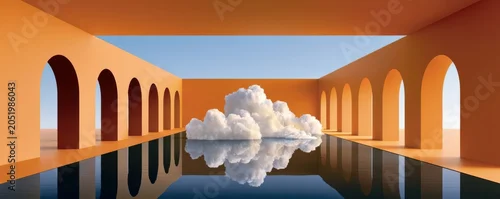 Panel kuchenny z motywem Long narrow room with arched colonnade, reflecting pool and floating cloud in minimalist space