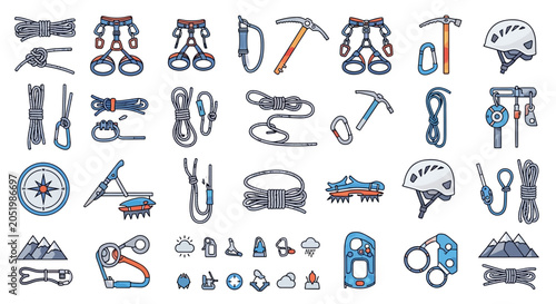 Bild auf Leinwand Climbing Gear and Equipment Set: Adventure, Safety, and Outdoor Sports Icons