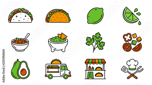 Bild auf Leinwand Colorful food icons depicting tacos, lime, and guacamole